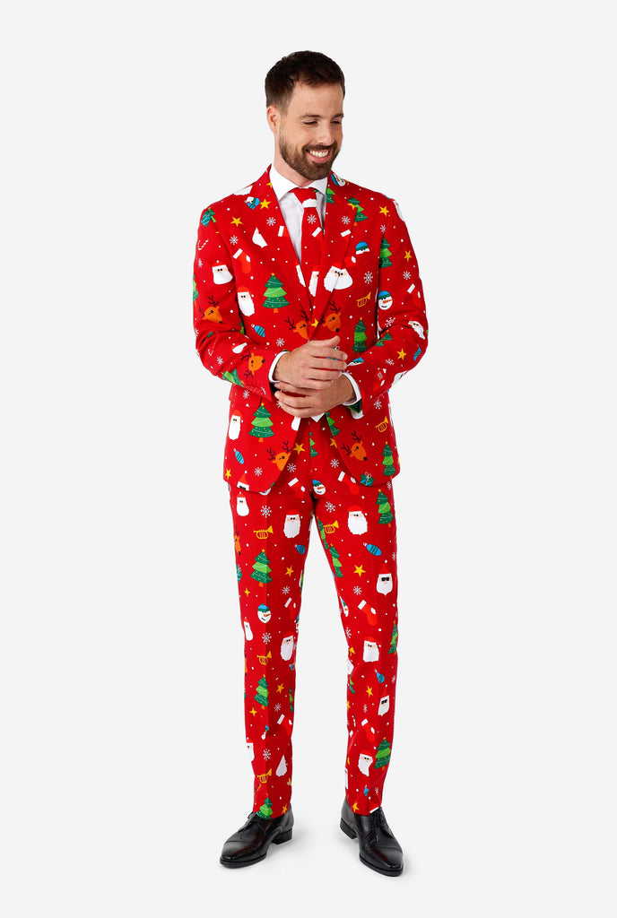 Man wearing red Christmas suit