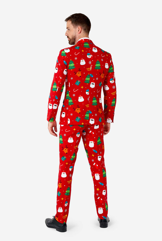 Man wearing red Christmas suit, from the back