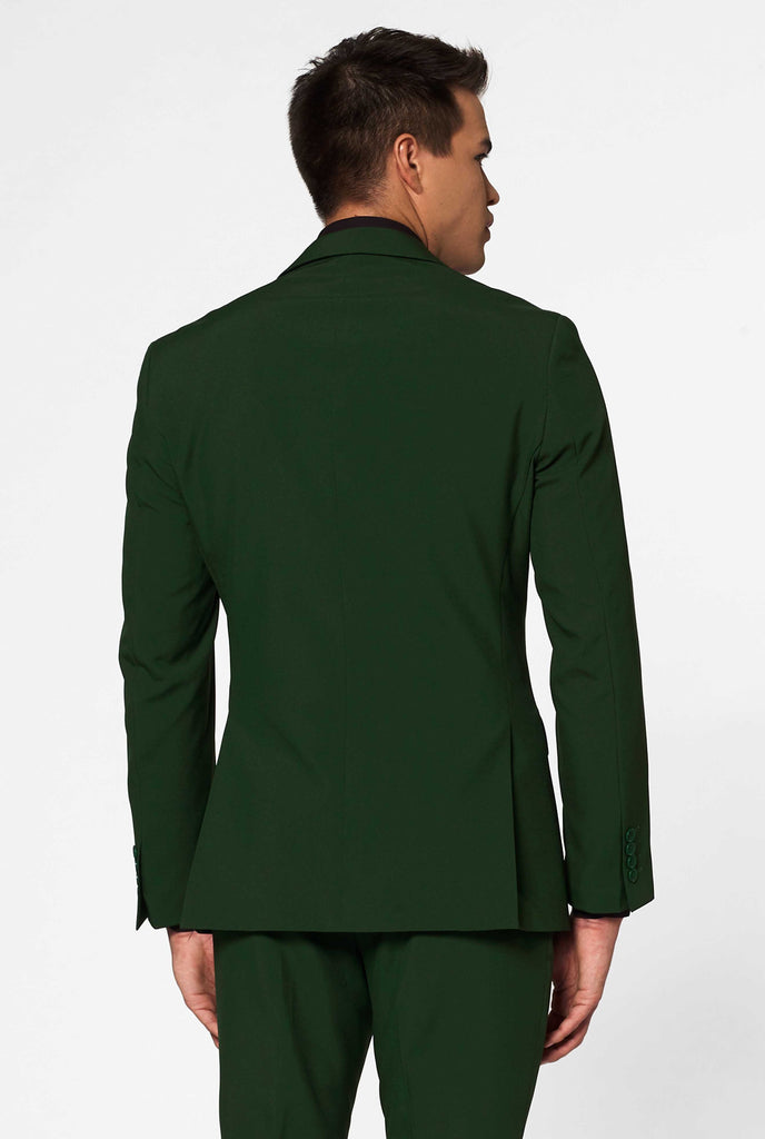 Solid dark green suit Glorious Green worn by men back side jacket