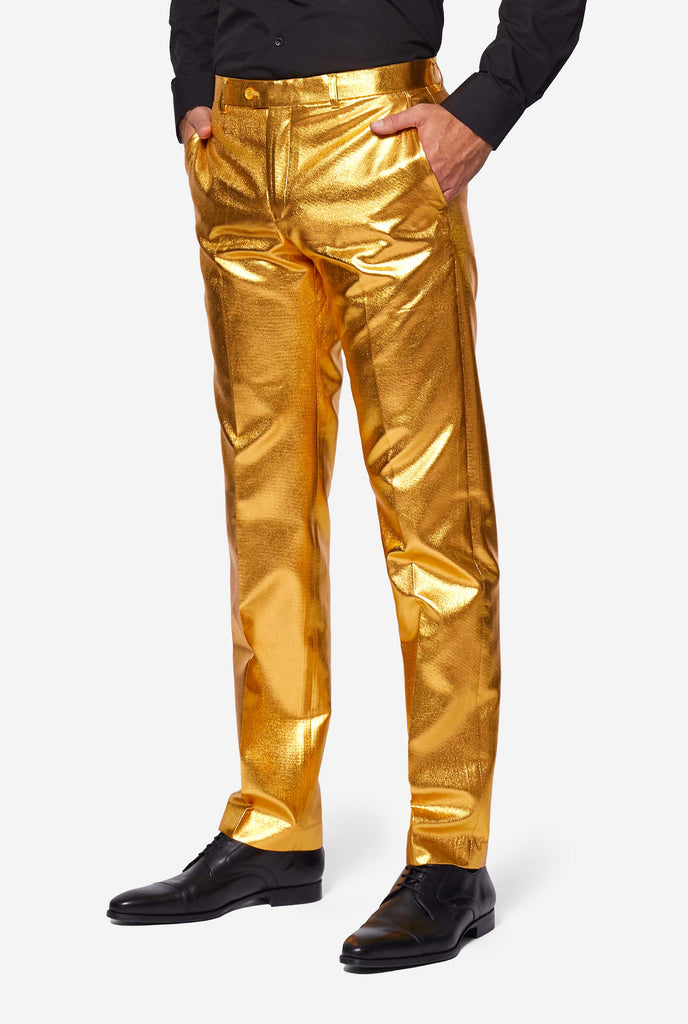 Gold men's party suit worn by man, pants view