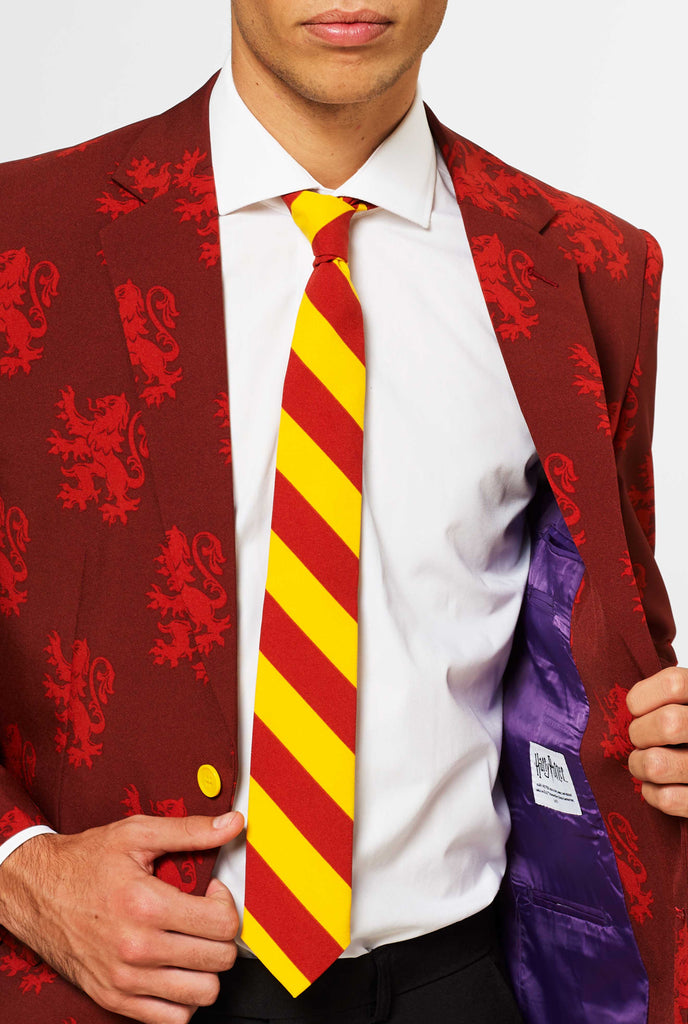 Harry Potter red Gryffindor suit worn by man showing inside of jacket