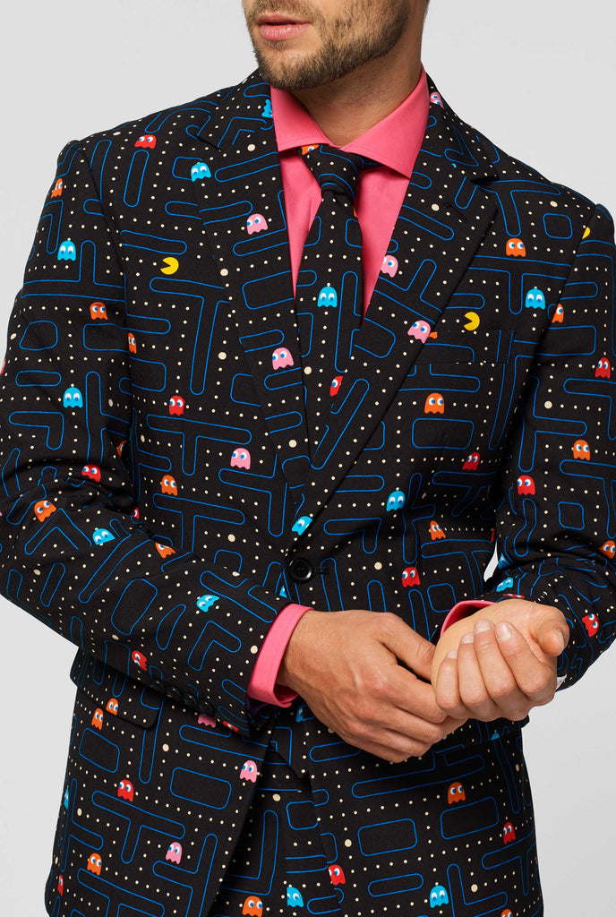 Pac-Man maze suit worn by man close up jacket