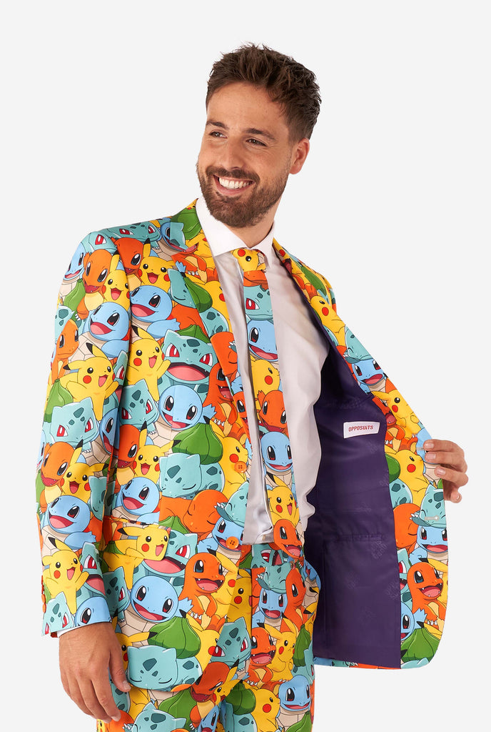 Man wearing suit with Pokémon, Pikachu print