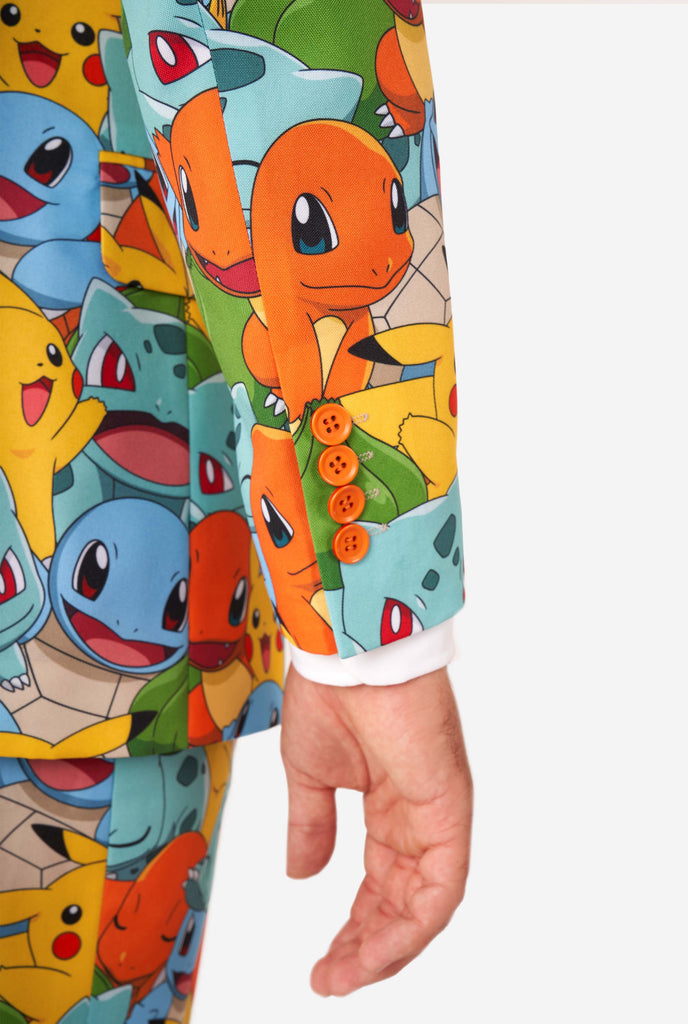 Man wearing suit with Pokémon, Pikachu print, sleeve close up