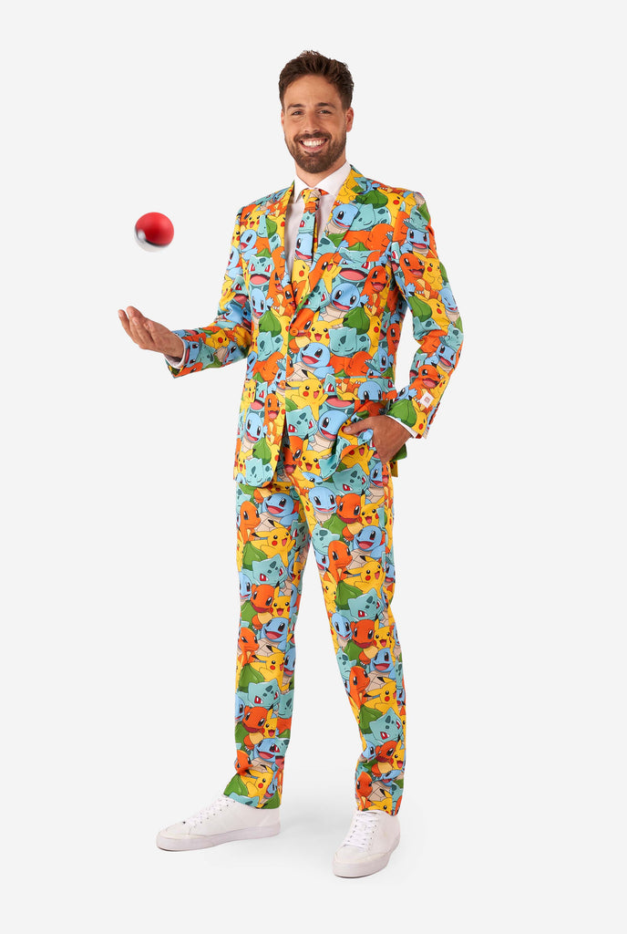 Man wearing suit with Pokémon, Pikachu print