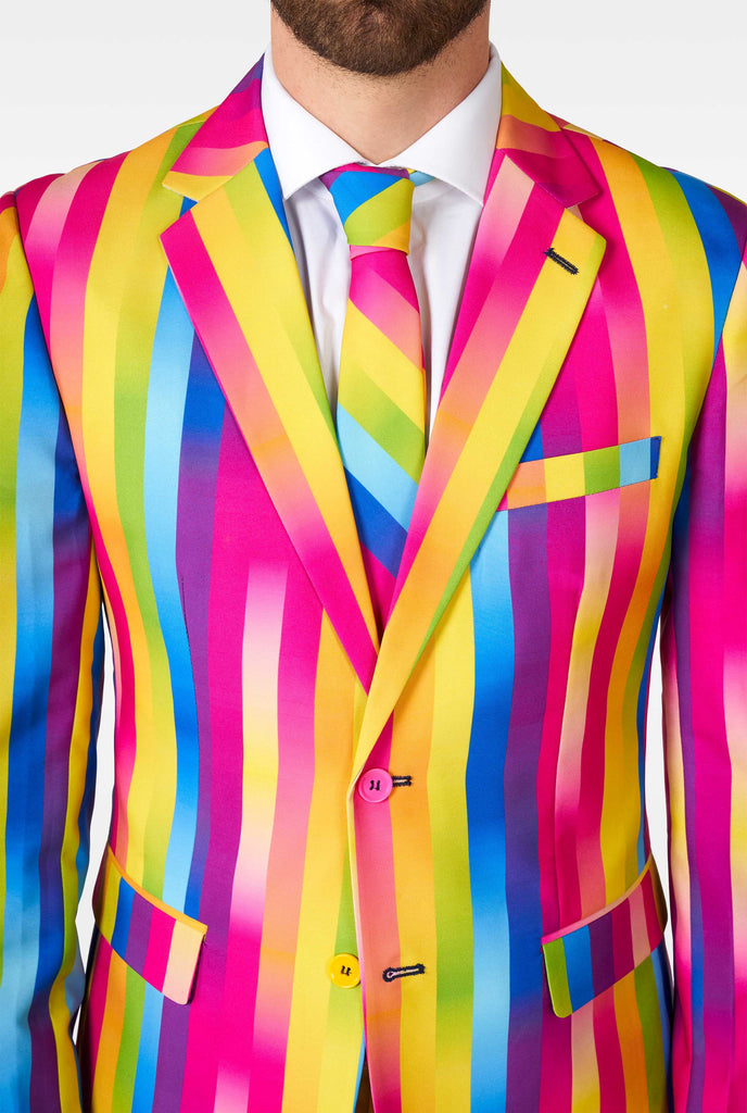 Man wearing rainbow-colored suit, close up