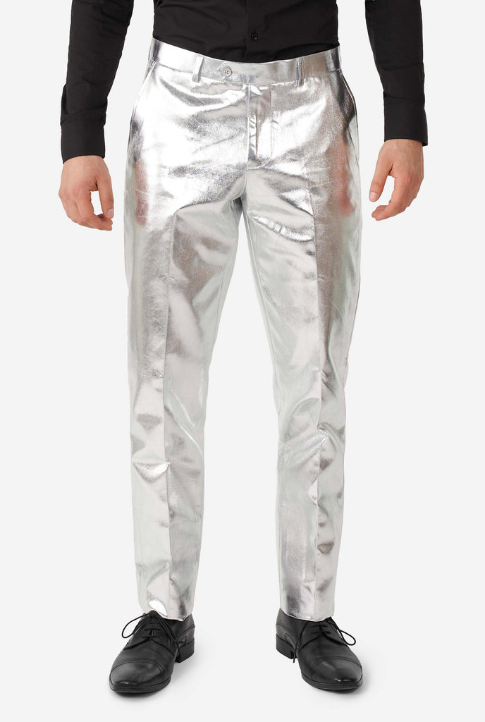 Man wearing shiny silver suit, pants view