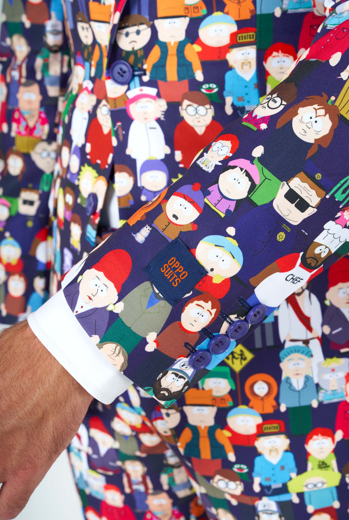 Man wearing Southpark men's suit sleeve close up