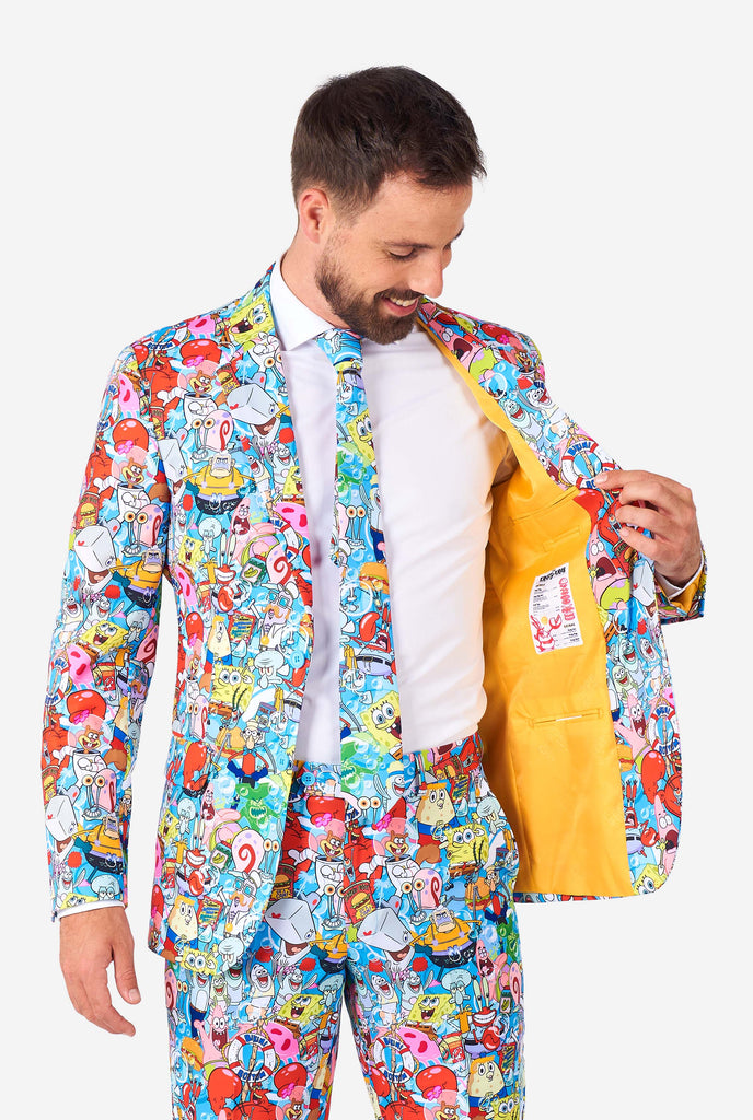 Man wearing men's suit with SpongeBob print