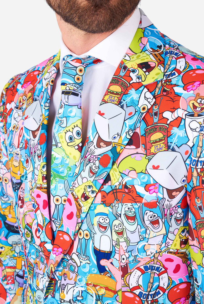 Man wearing men's suit with SpongeBob print