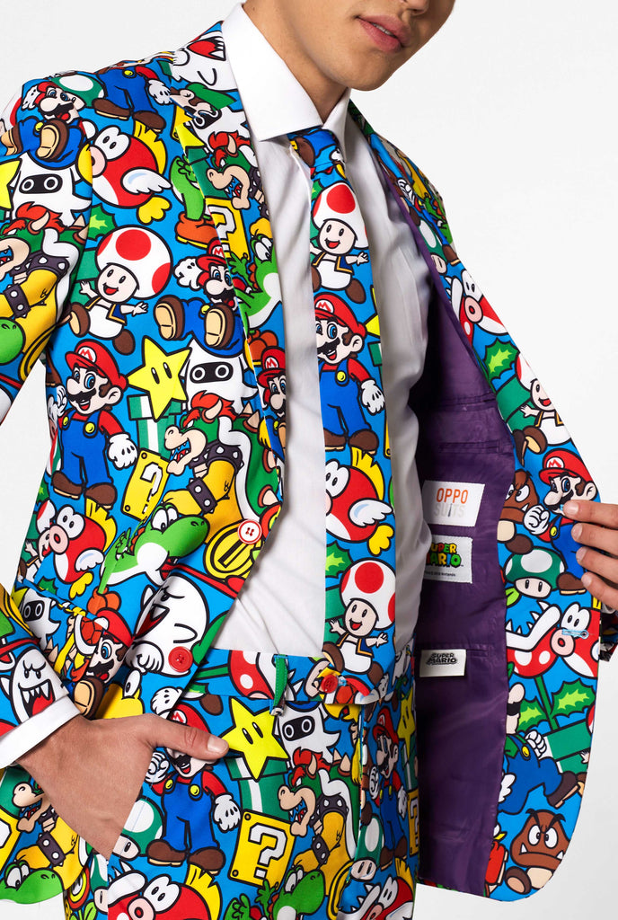 Funny carnaval gaming suit Super Mario worn by man inside jacket