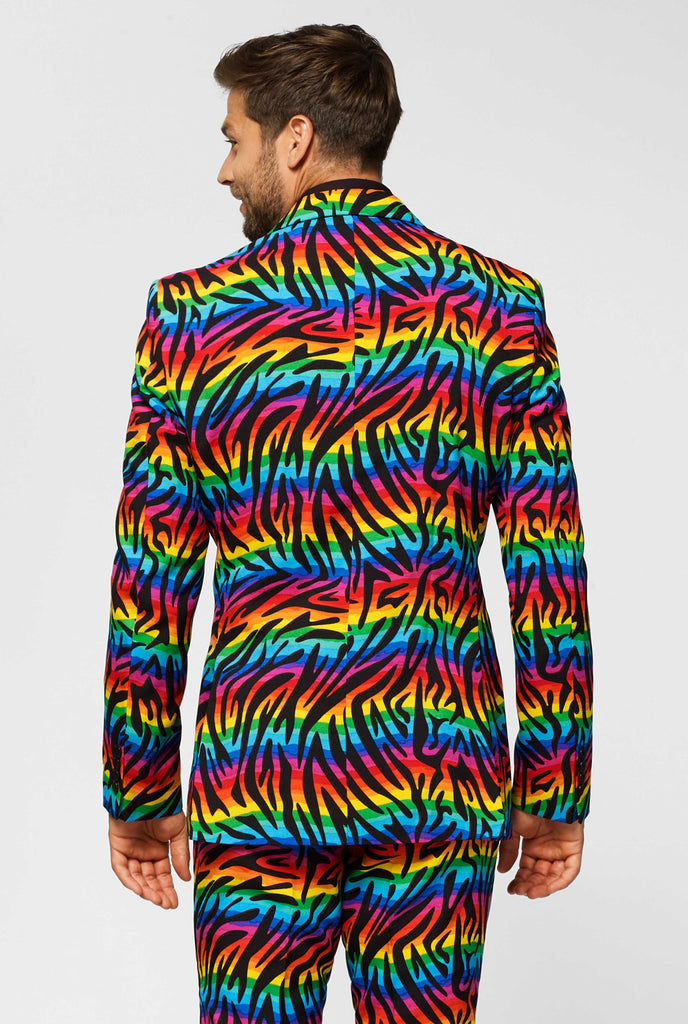 Multi-color pride men's suit Wild Rainbow worn by men, view from the back