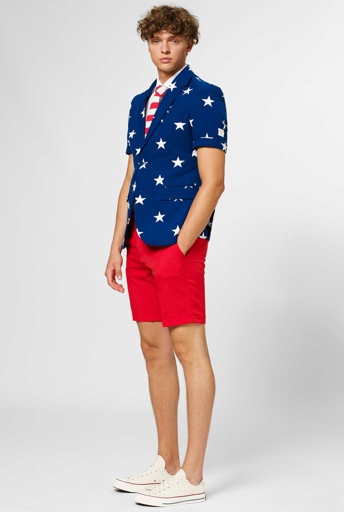 Man wearing USA themed summer suit