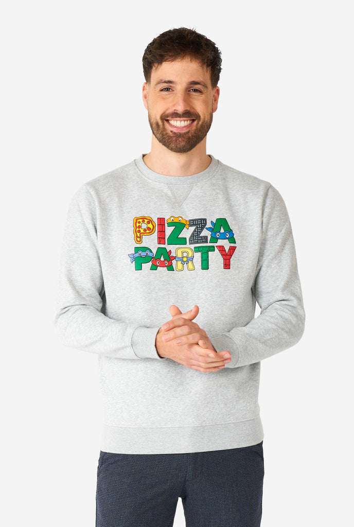 Man wearing grey Pizza Party quote sweater