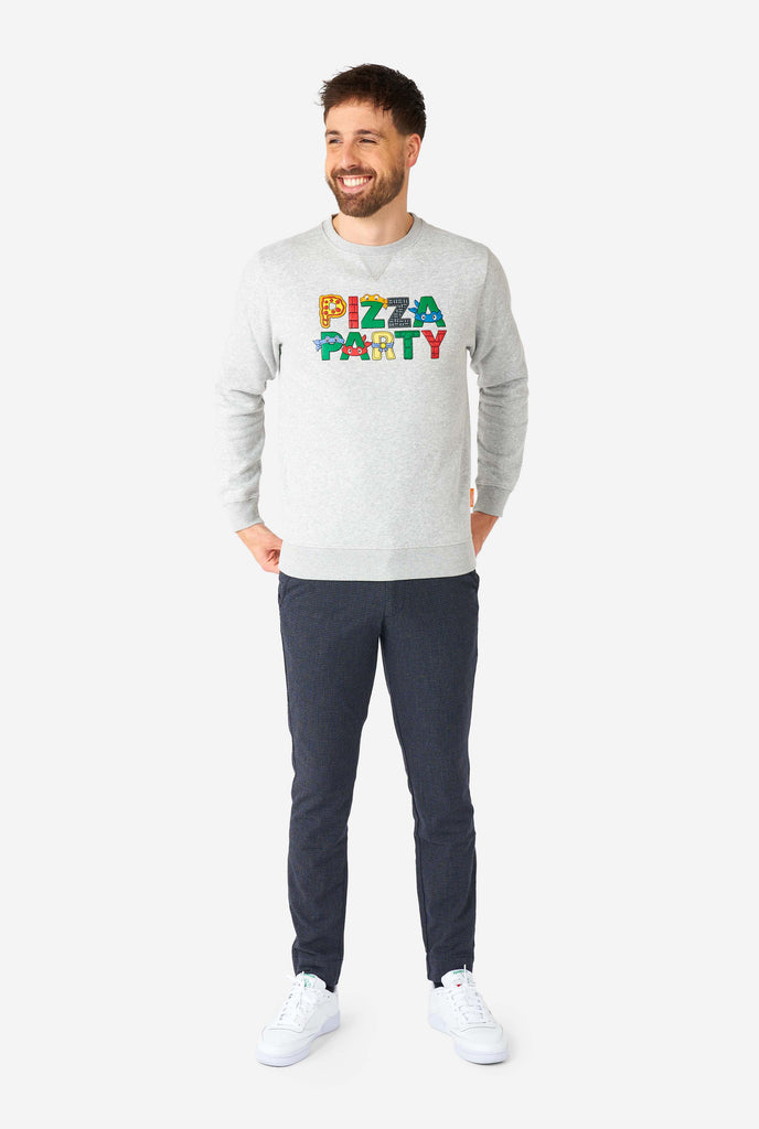 Man wearing grey Pizza Party quote sweater