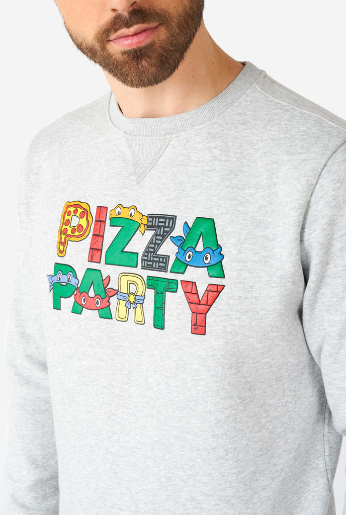 Man wearing grey Pizza Party quote sweater, zoomed in quote