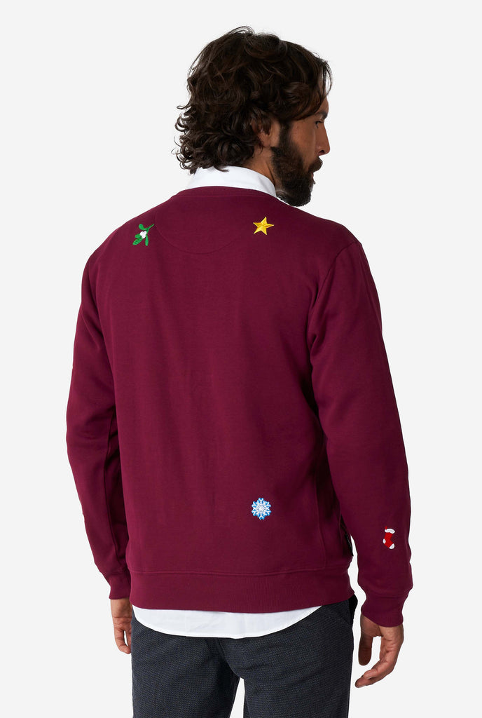 Man wearing burgundy red Christmas sweater with Christmas icons, view from the back