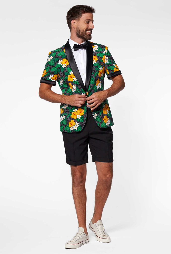 Man wearing summer tuxedo with flower print