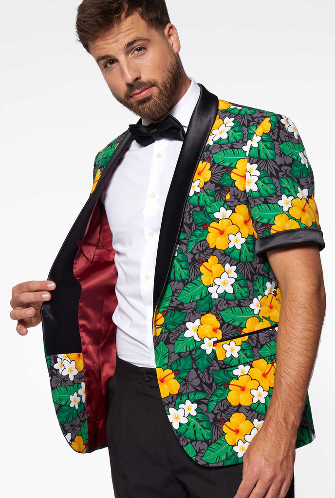 Man wearing summer tuxedo with flower print