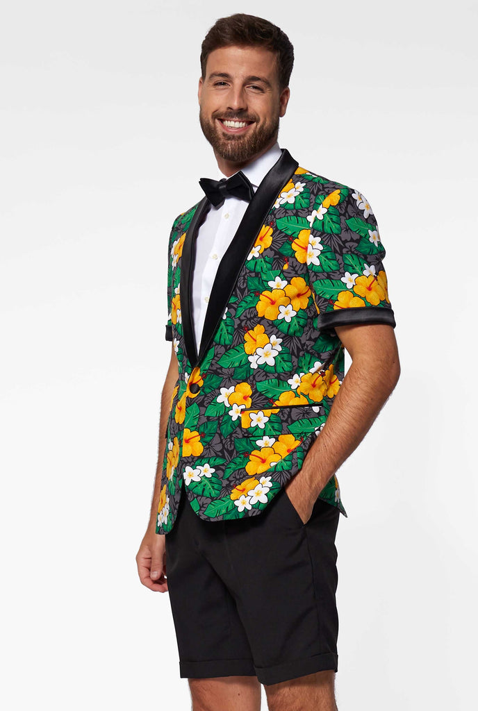 Man wearing summer tuxedo with flower print