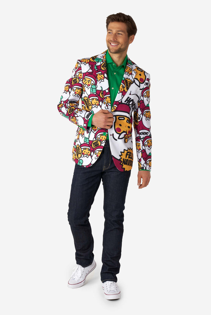 Man wearing Christmas blazer with Santa print