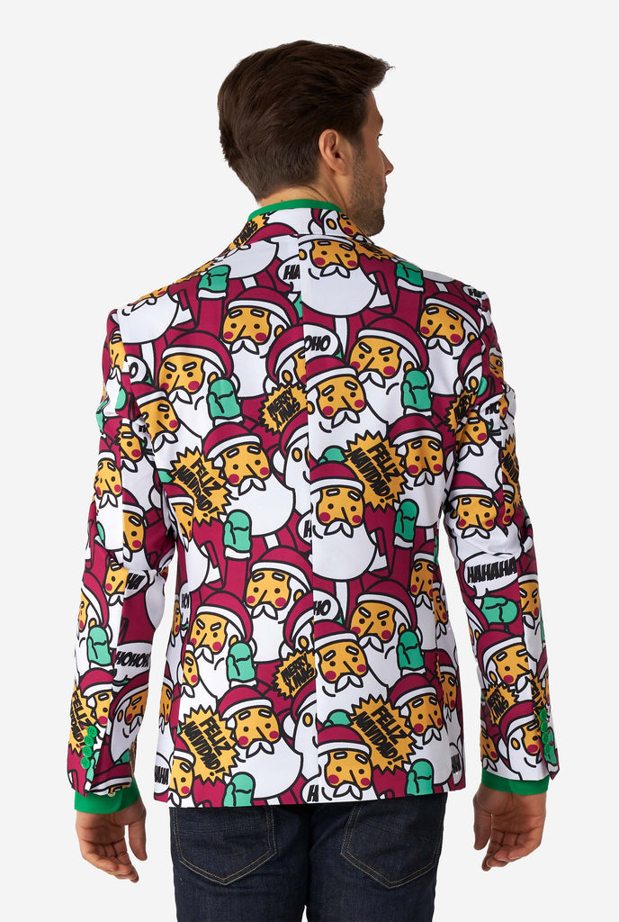 Man wearing Christmas blazer with Santa print, view from the back