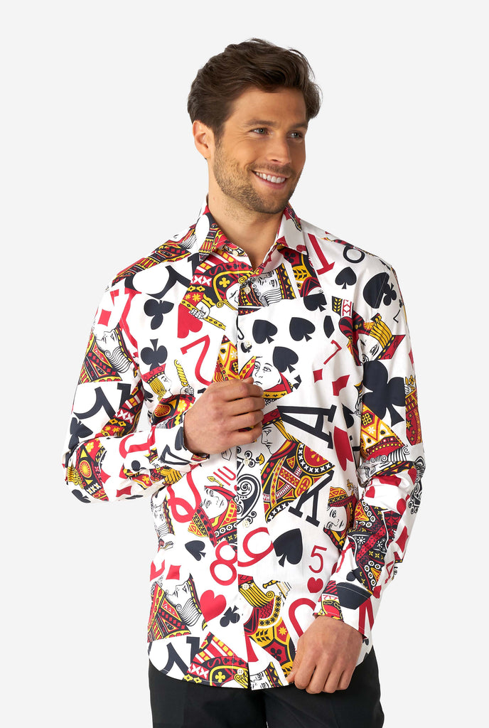 Man wearing dress shirt with playing card print