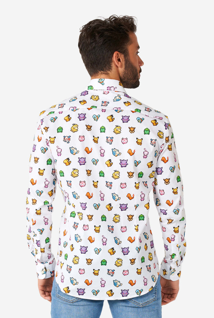 Man wearing white dress shirt with Pokemon icons