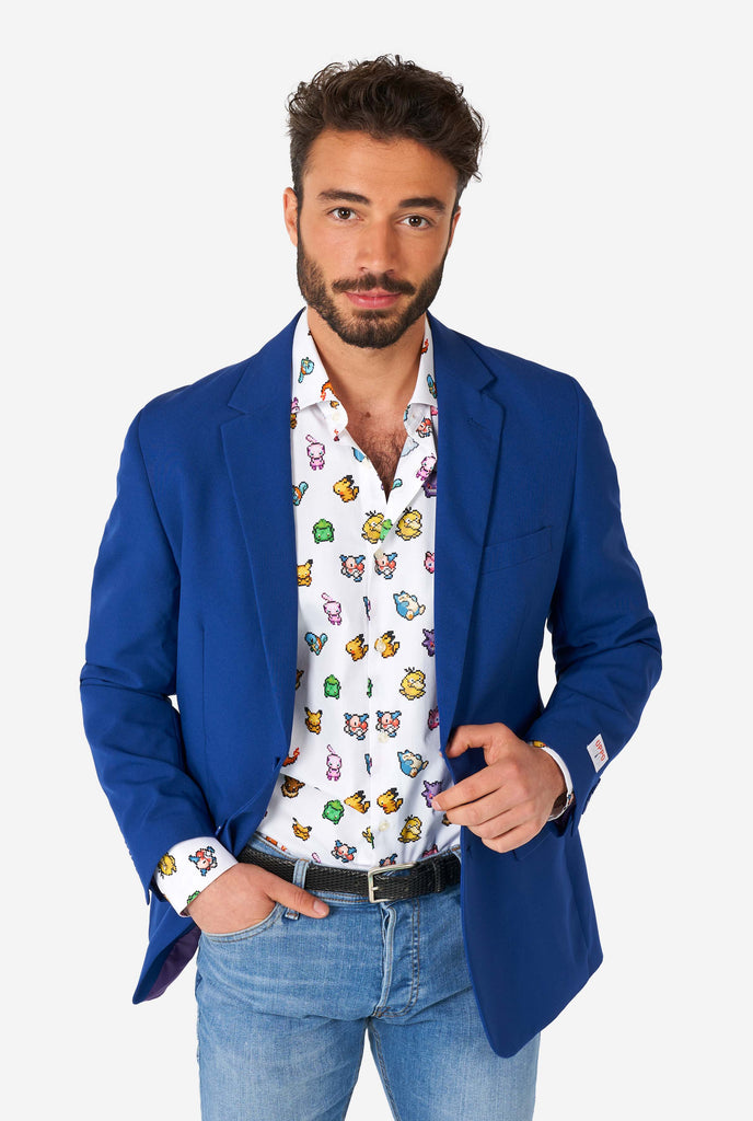 Man wearing white dress shirt with Pokemon icons