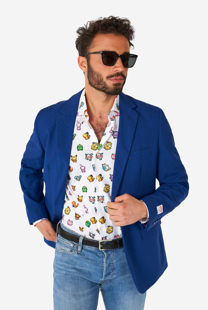 Man wearing white dress shirt with Pokemon icons and blue blazer