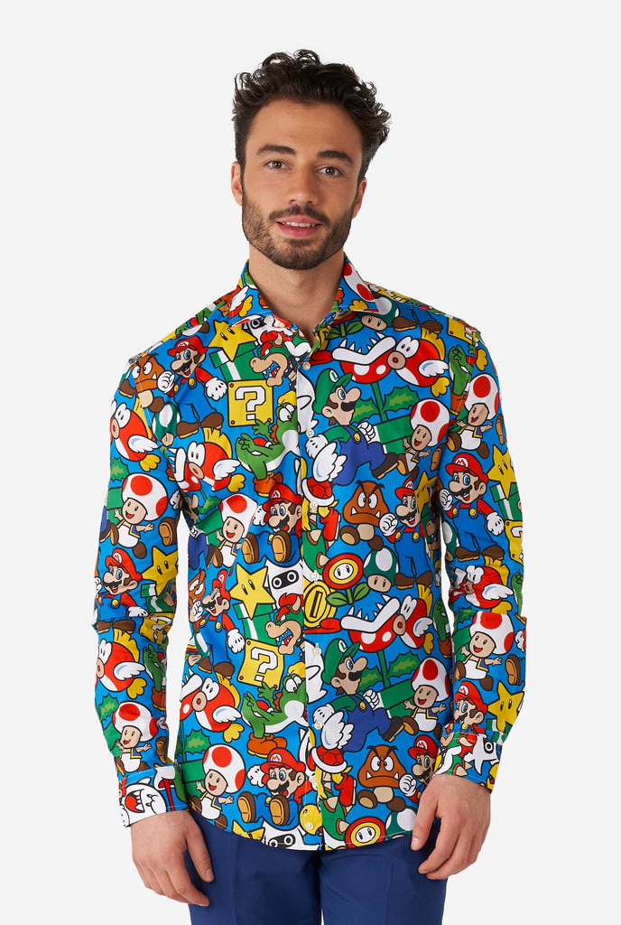 Man wearing dress shirt with Super Mario icons print