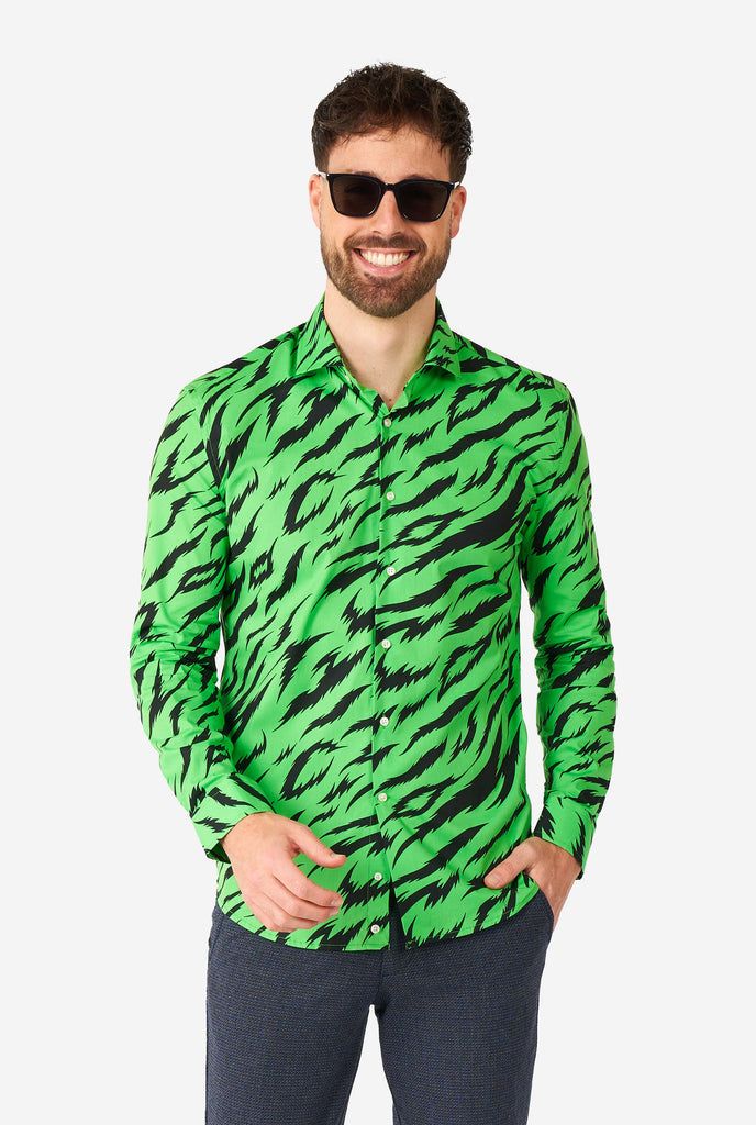 Man wearing neon green dress shirt with tiger stripes 