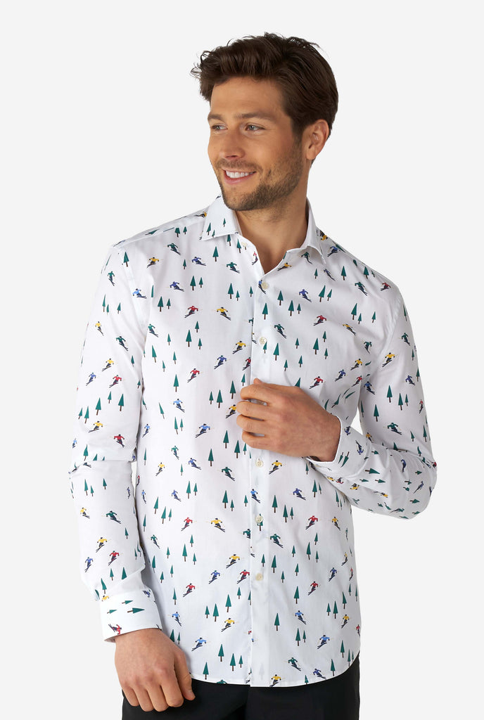 Man wearing white dress shirt with winter print