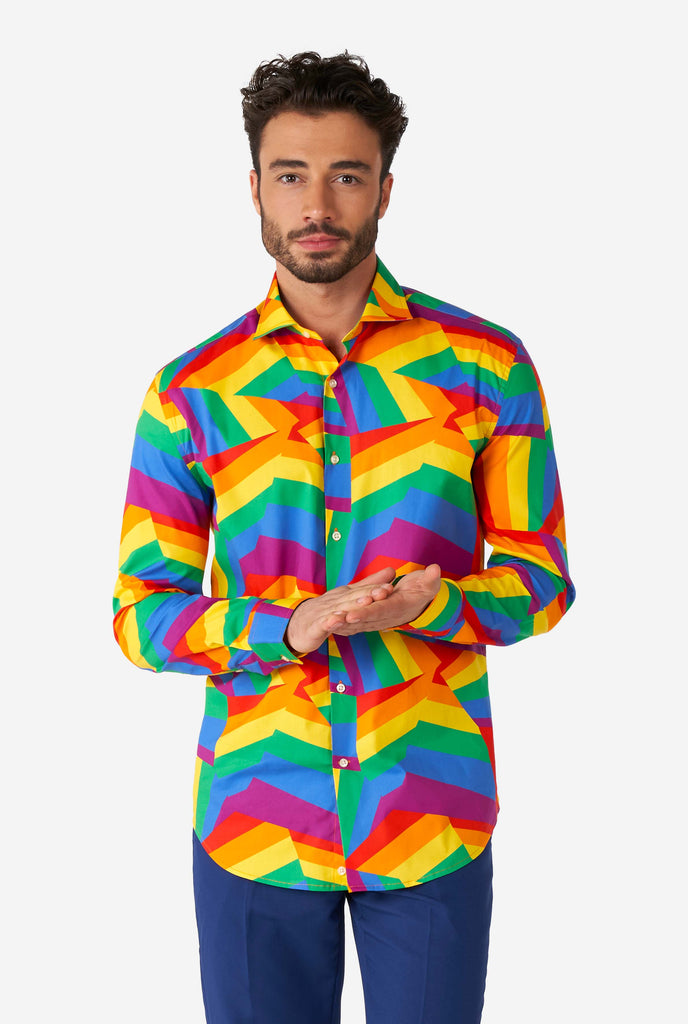 Man wearing colorful rainbow pride dress shirt