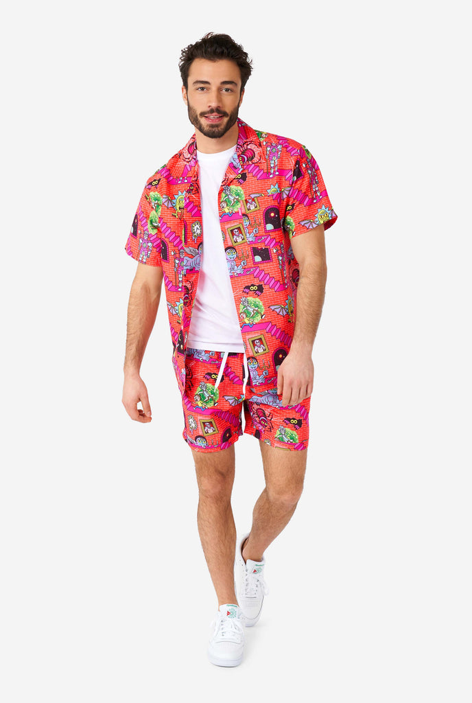 Man wearing summer outfit, consisting of short and shirt, with Rick and Morty print