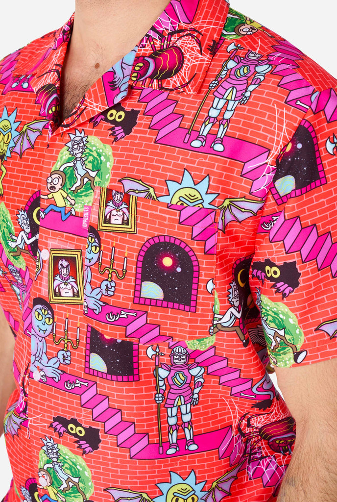 Man wearing summer shirt, with Rick and Morty print, close-up