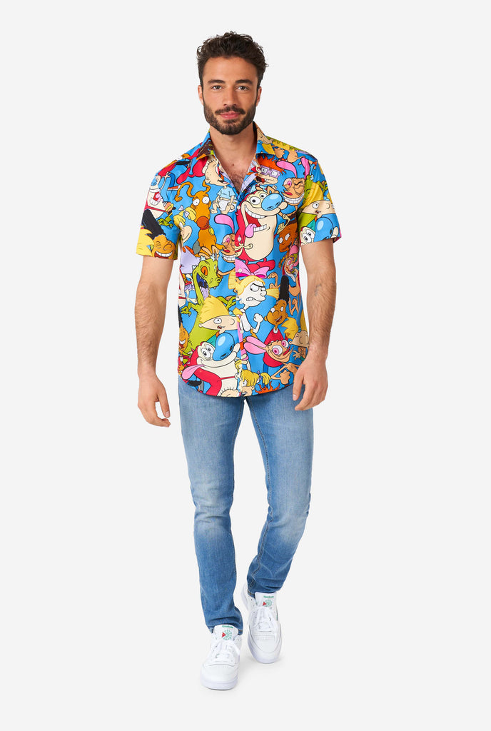 Man wearing summer shirt with Nickelodeon characters print