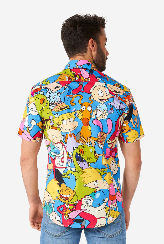 Man wearing summer shirt with Nickelodeon characters print, view from the back