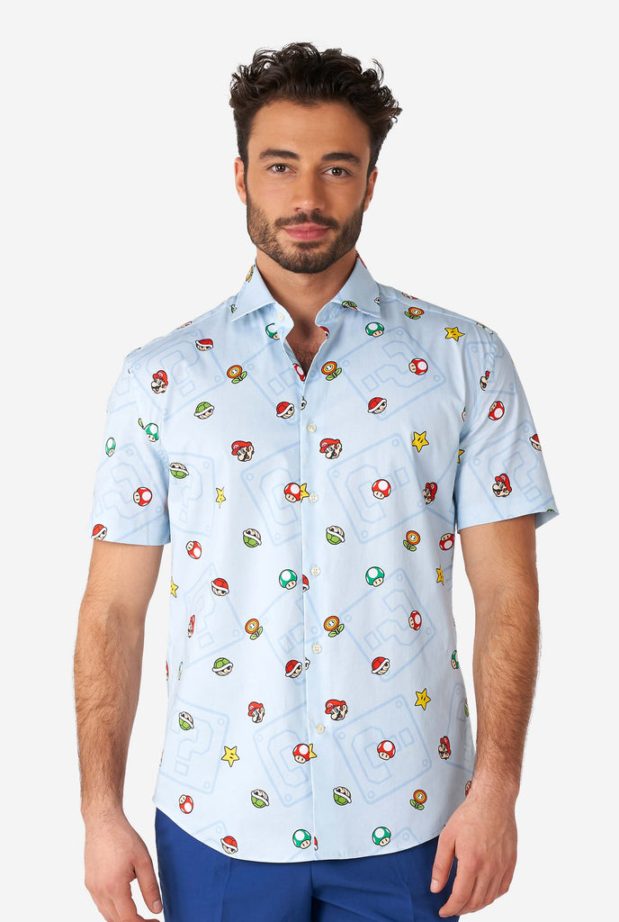 Men wearing blue summer shirt with Super Mario icons