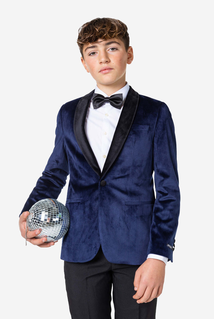 Teen wearing blue velvet Christmas Dinner Jacket