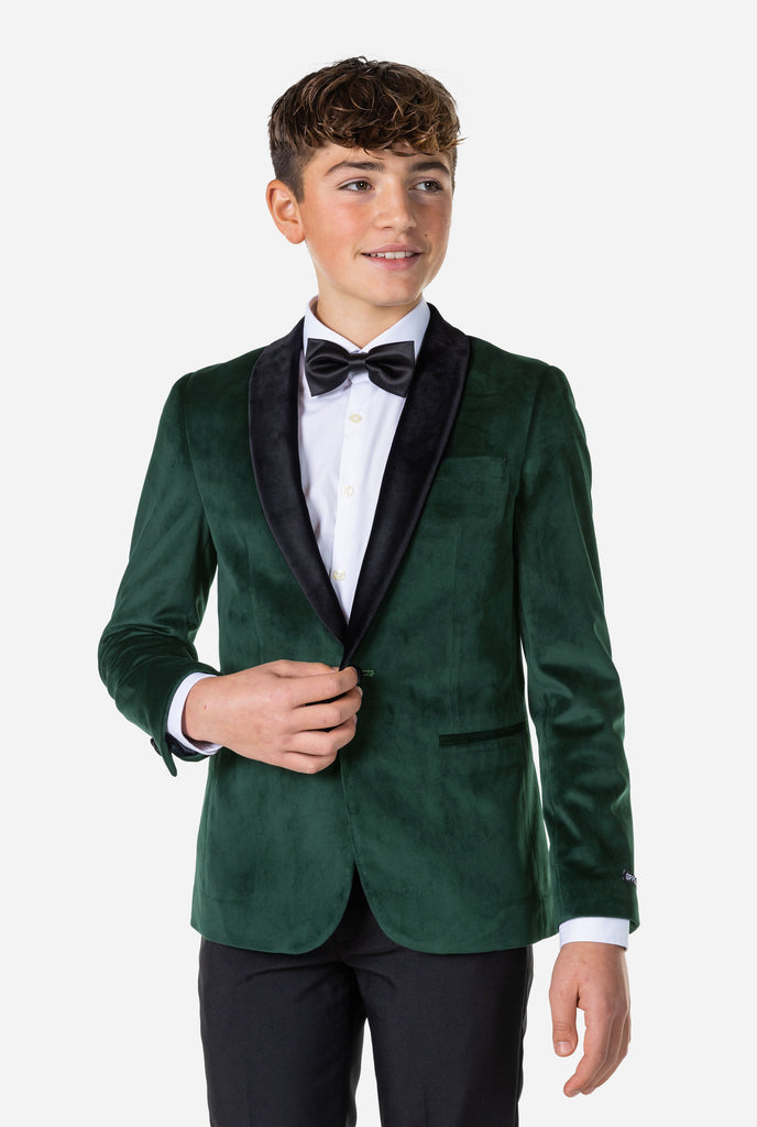 Teen wearing green velvet Christmas Dinner Jacket