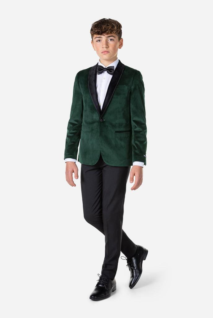 Teen wearing green velvet Christmas Dinner Jacket