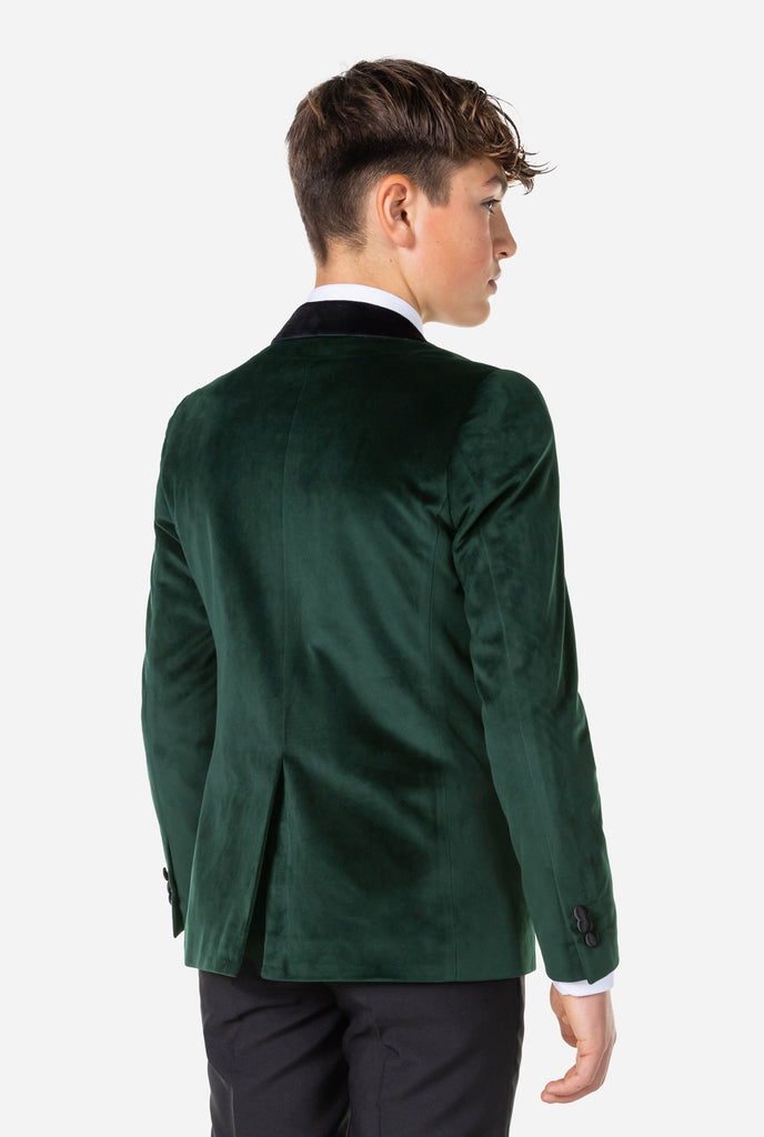 Teen wearing green velvet Christmas Dinner Jacket, view from the back