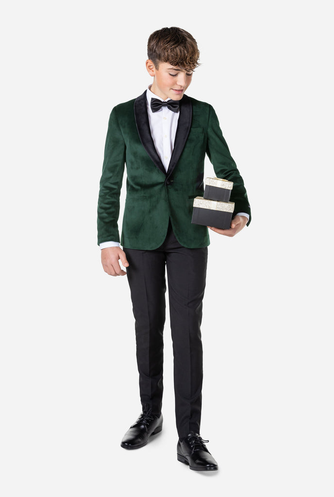 Teen wearing green velvet Christmas Dinner Jacket