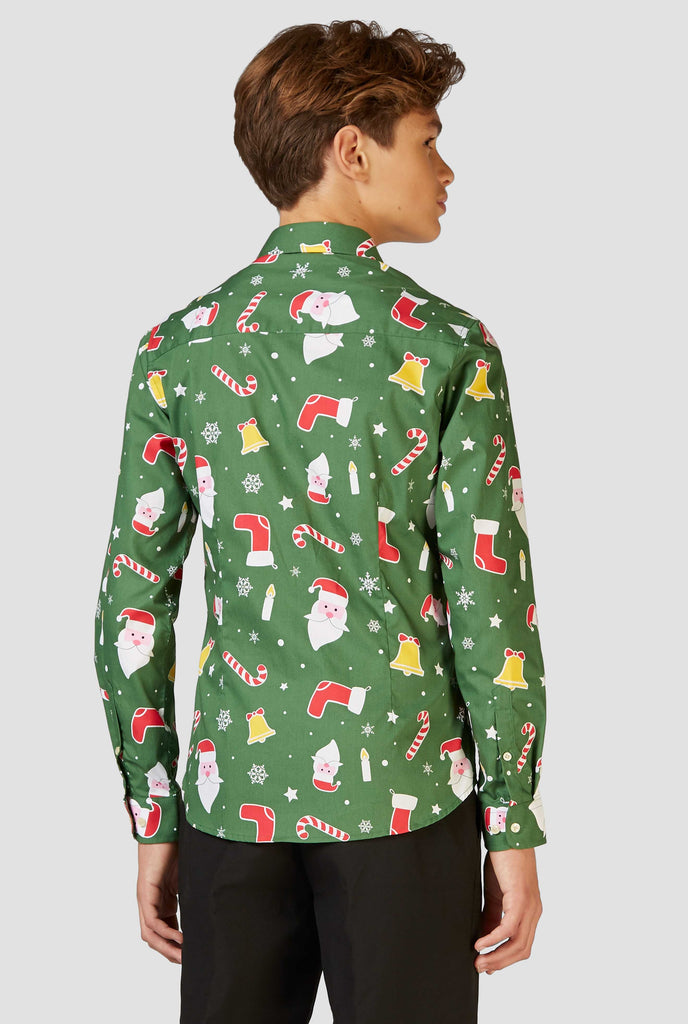 Funny green Christmas dress shirt Santaboss worn by a teen boy back side shirt