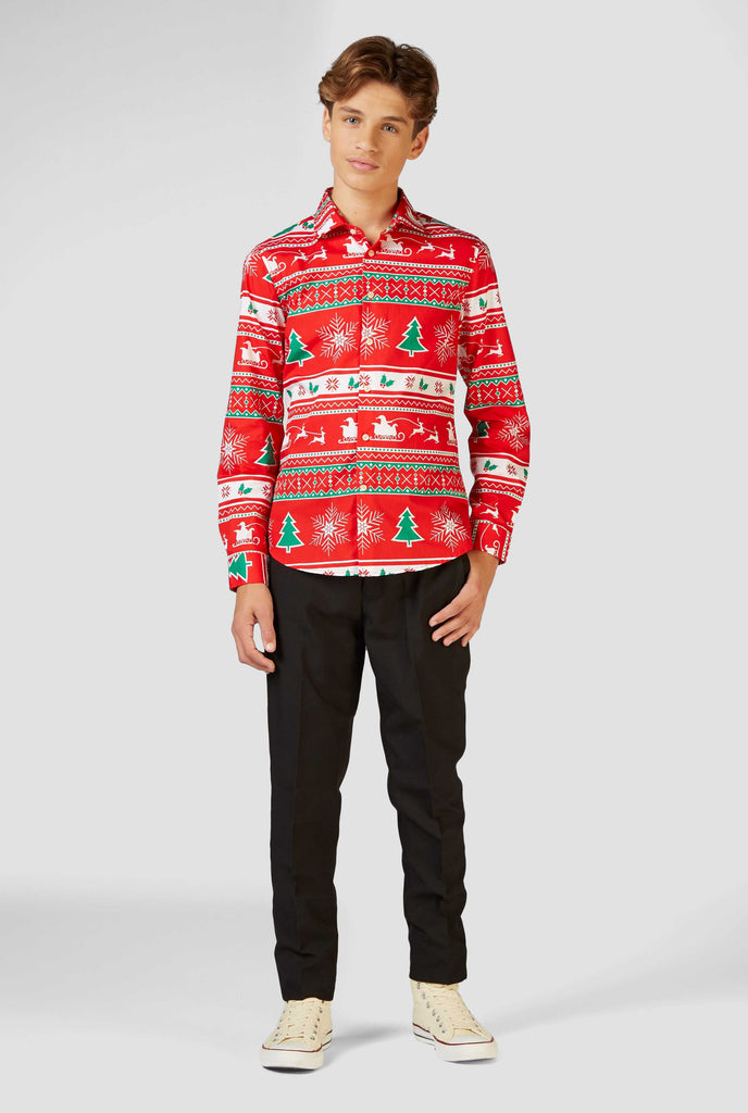 Funny red Christmas dress shirt Winter Wonderland worn by a teen boy