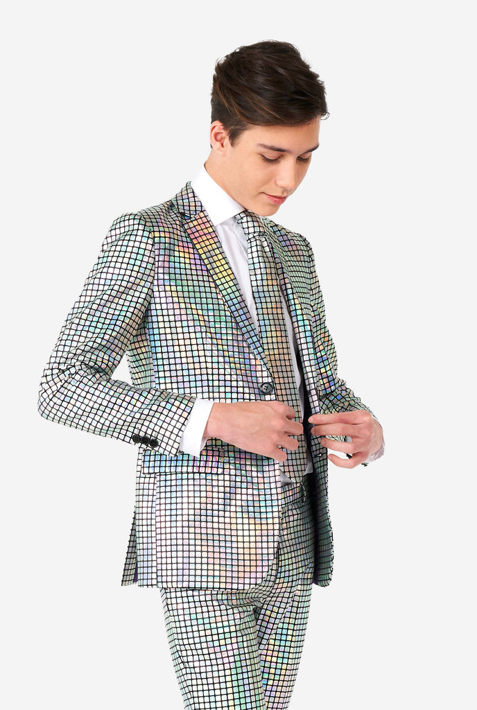 Teen wearing formal suit with mirror discobal print
