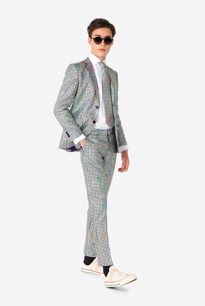 Teen wearing formal suit with mirror discobal print