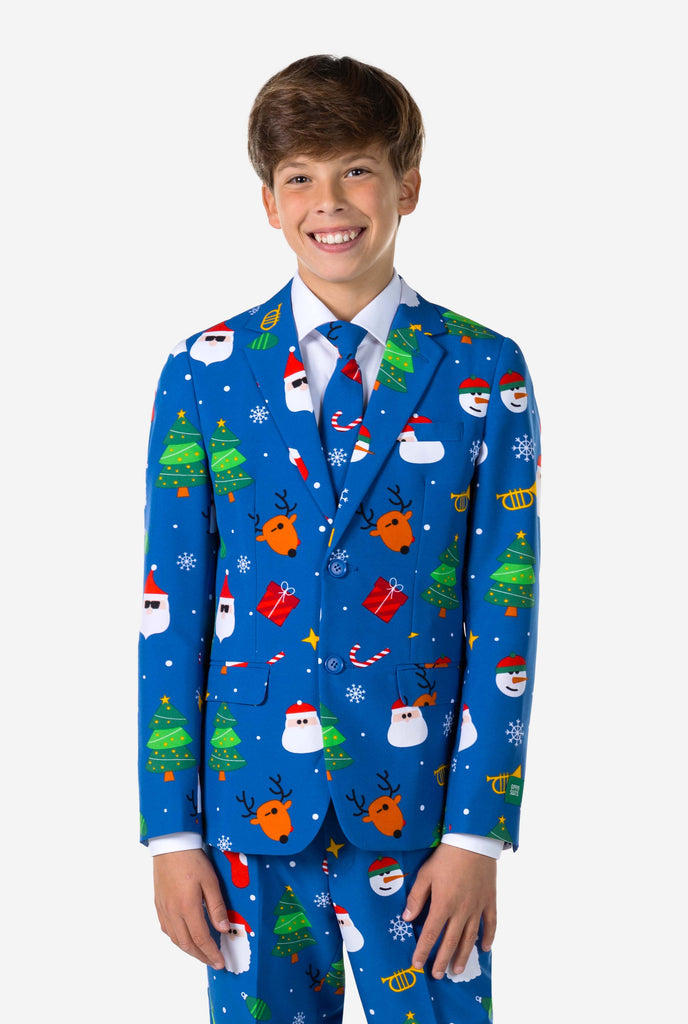 Teen wearing formal blue Christmas suit