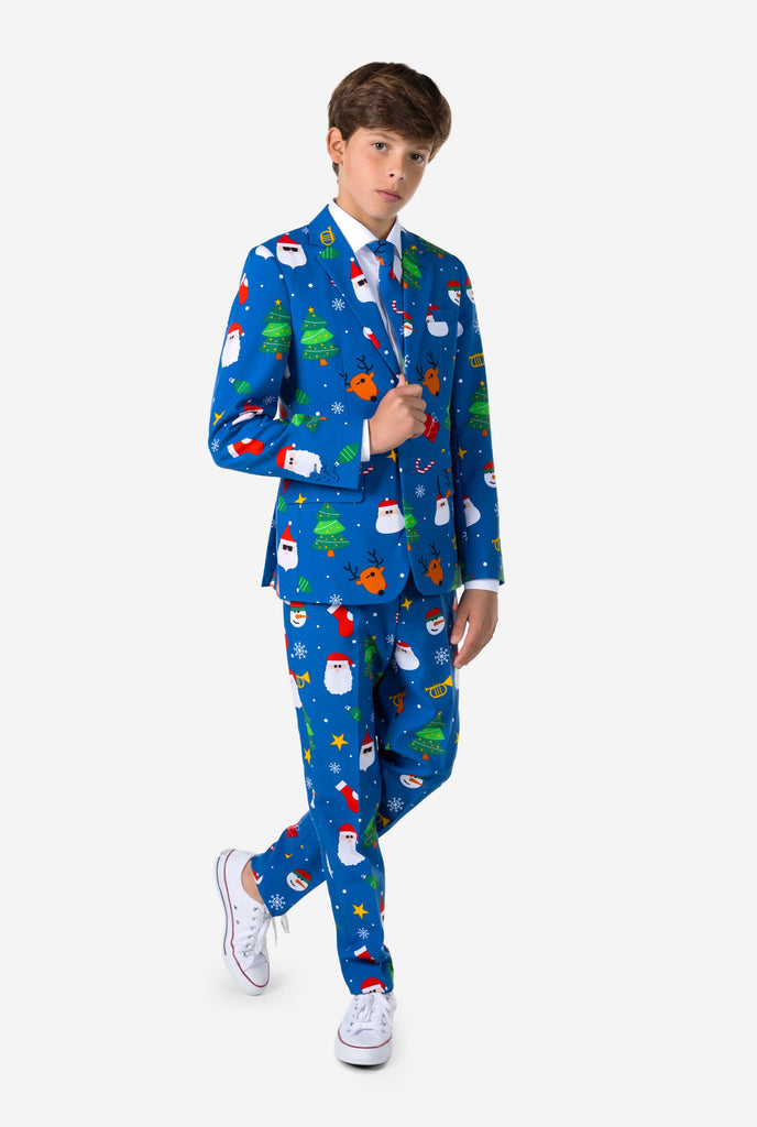 Teen wearing formal blue Christmas suit